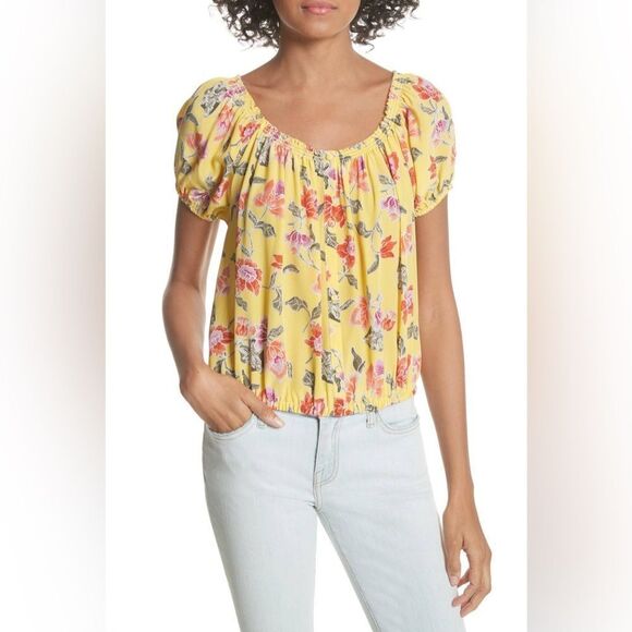 Joie silk yellow floral off shoulder crop peasant top xs - Picture 11 of 11